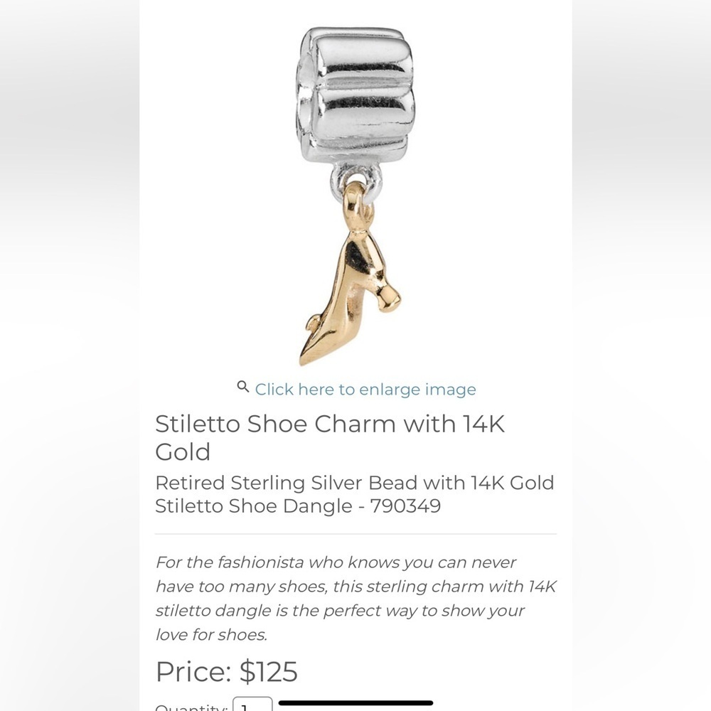 Pandora retired Stiletto Shoe Charm with 14K Gold